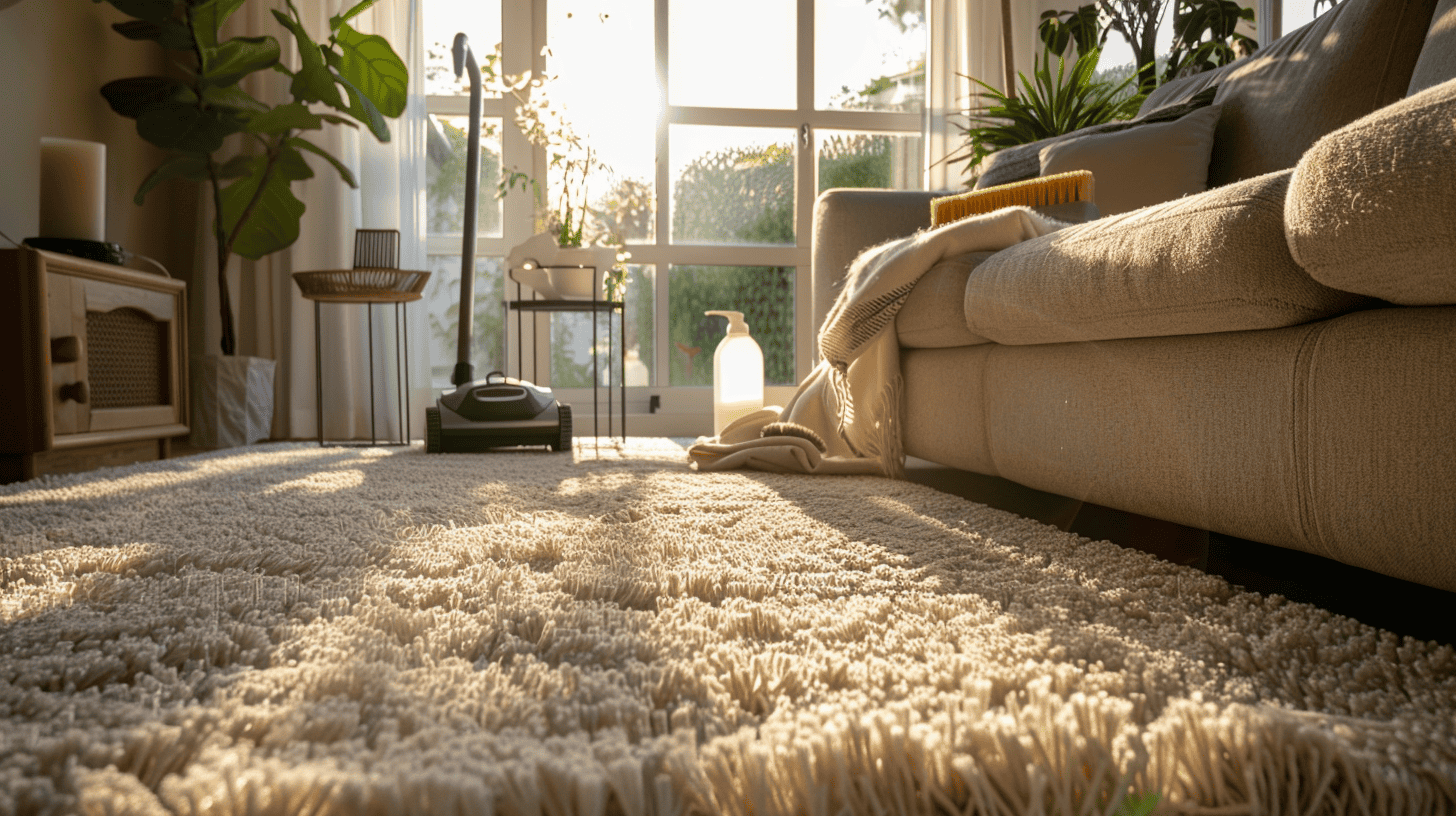 A cozy living room with plush, clean carpets, a vacuum in the corner, a pet brush on a side table, and a spray bottle of carpet cleaner nearby. Sunlight streams through a window, highlighting the carpet’s texture